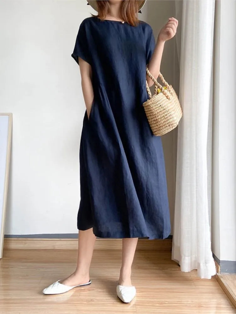 Summer Casual Loose Solid Color Cotton And Linen Dress For Women Short Sleeve O Neck Comfortable Elegant Long Dresses Robe