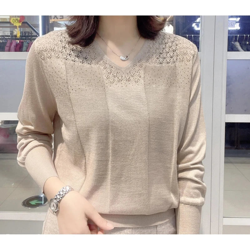 Korean Autumn/Winter New Sweaters Women's V-Neck Solid Hollow Out Simplicity Versatile Loose Long Sleeve Pullovers Knitted Tops