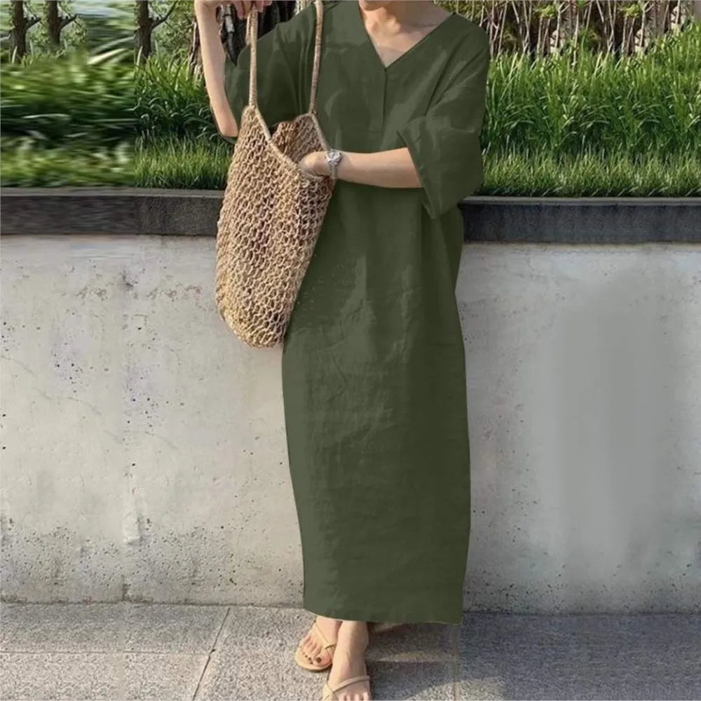 Cotton And Linen Dress For Women 2024 Summer Short Sleeve V-neck Solid Color Casual Loose Long Dress Elegant Women's Clothing