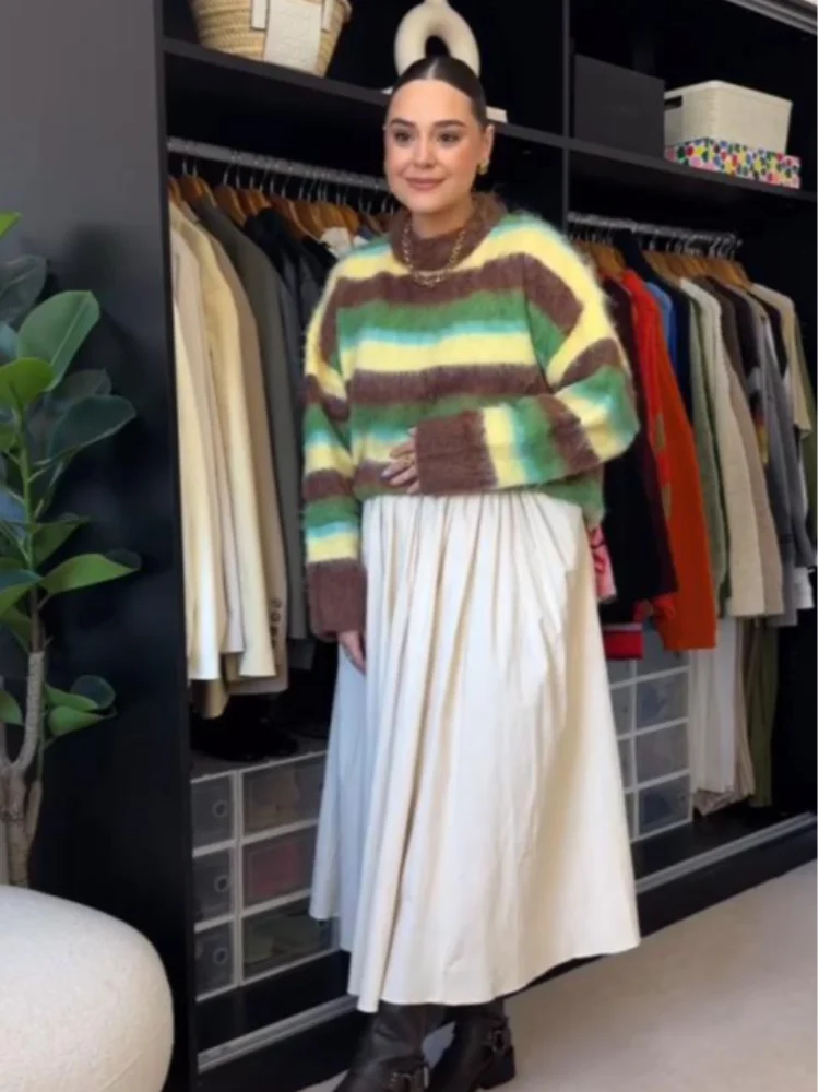 Fashionable Colorful Striped Sweater Chic Casual 2025 Autumn Winter Outfit Loose Round Neck Warm Knit Sweaters Maillard Style