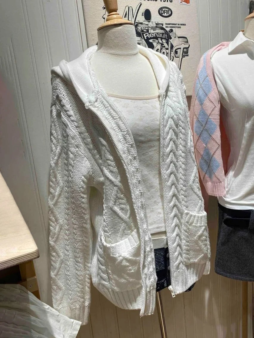 Twisted Flower Pockets Knit Sweater Cardigan Women Winter Long Sleeve Hooded Zip-up Hoodie Solid Simple Sweaters Coat Y2K Tops