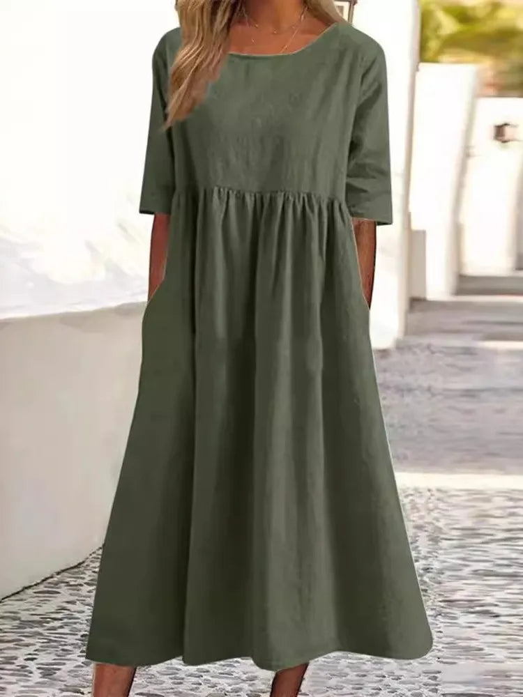 Casual Loose Long Solid Color Cotton Blend Long Dress For Women Spring Summer Fashion O Neck Half Sleeve Maxi Dresses Robe Femme