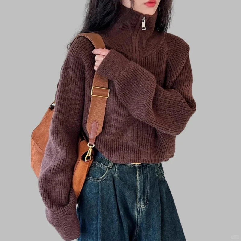 AOSSVIAO Women's Loose Knitted Pullovers Half Zipper Autumn and Winter Turtleneck Sweaters Casual Comfortable Full Sleeve Top