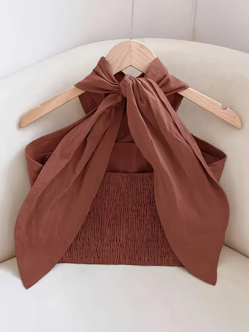 cropped top ，Women's solid-colored cropped cross-back top