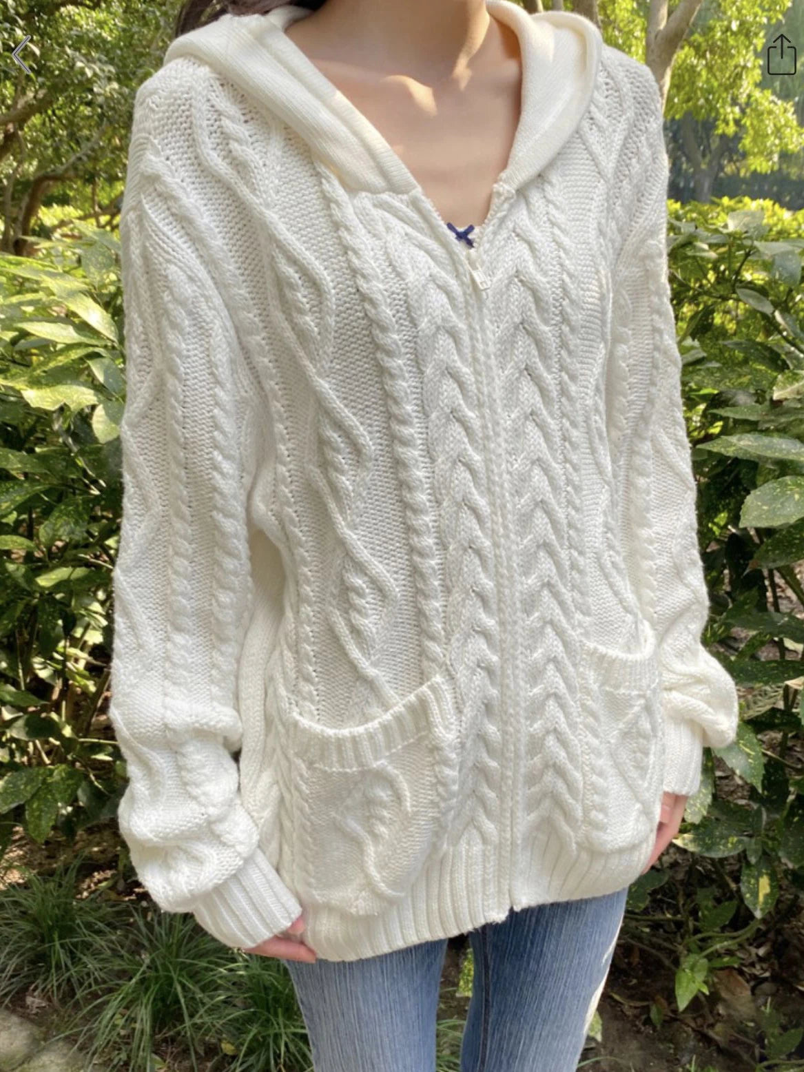 Twisted Flower Pockets Knit Sweater Cardigan Women Winter Long Sleeve Hooded Zip-up Hoodie Solid Simple Sweaters Coat Y2K Tops