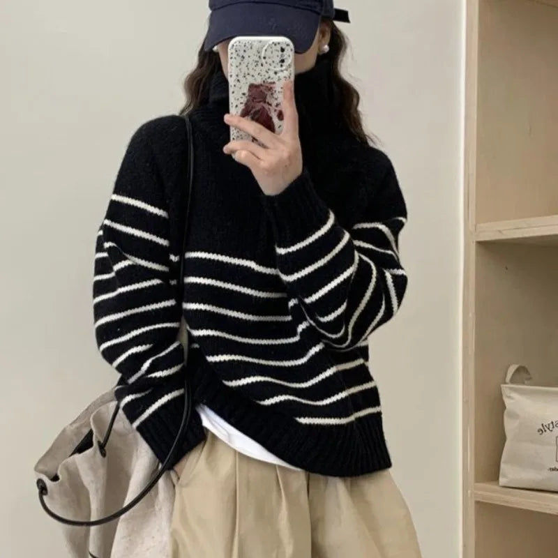 Autumn Winter Fashion Striped Pullover Sweater Women Knitted Shirts Female O-neck Knitwear Long Sleeve Casual Sweaters Knit Tops