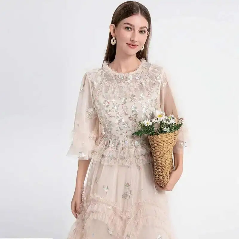Runway Luxury Long Dresses Women 2026 Summer Holiday Embroidery Flower Ruffles Midi Party Evening Dress Lady Prom Vestidos