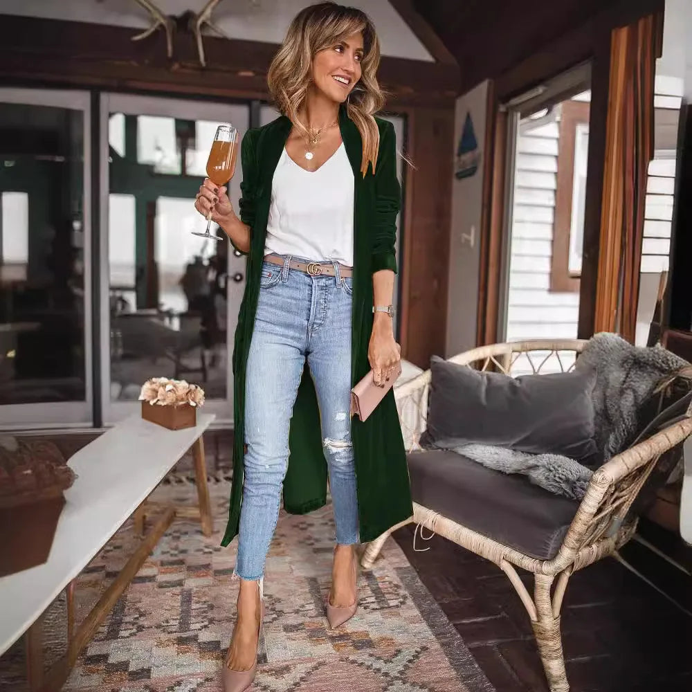 Women Coat Jacket Solid Color Soft Breathable Flannel Cardigan Mid-calf Length Soft Open Stitch Maxi Coat Women Clothing