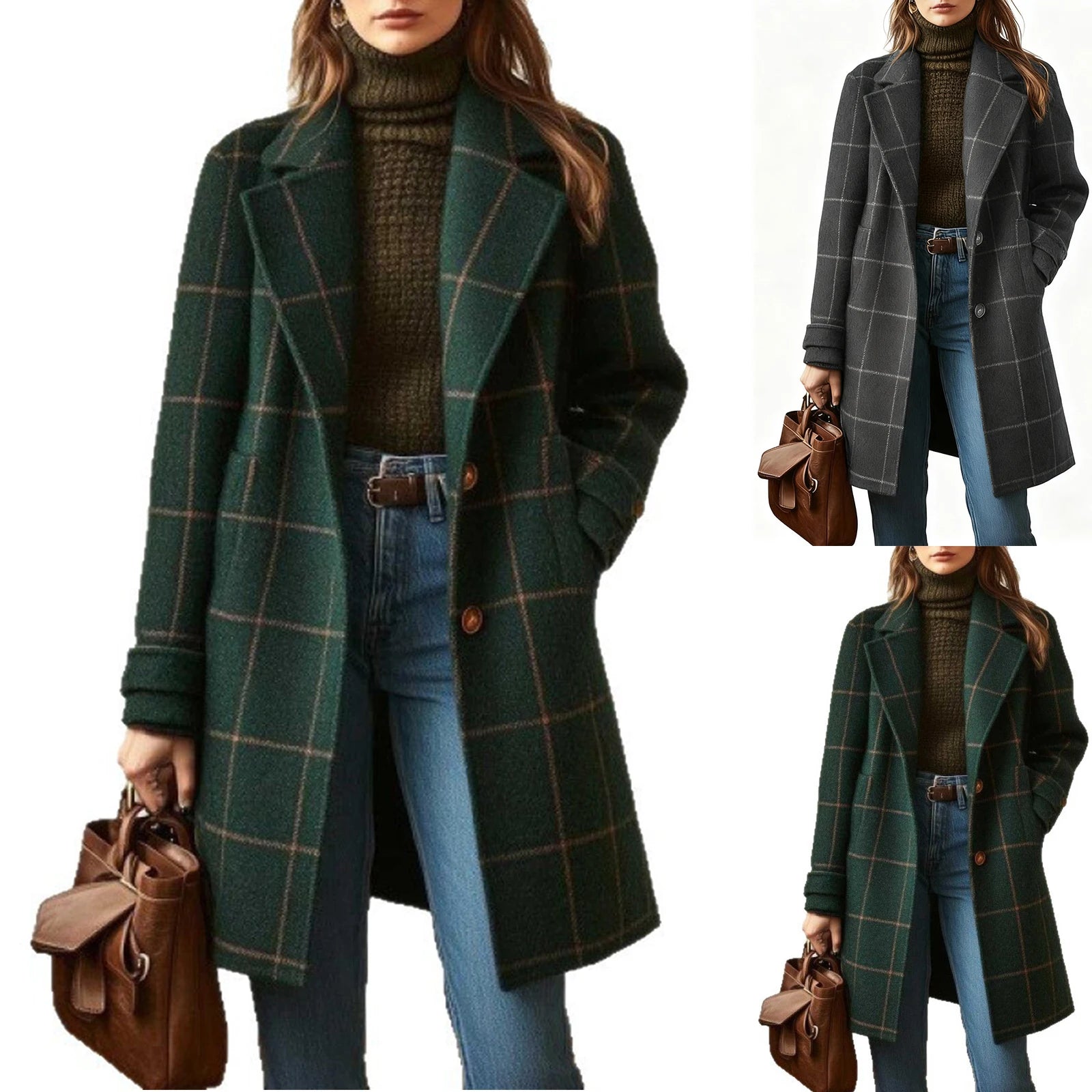 Winter Plaid Wool Trench Coat Single-Breasted Mid-Length Notched Collar Coat Trendy Casual Fashion Women Outerwear Daily Wear