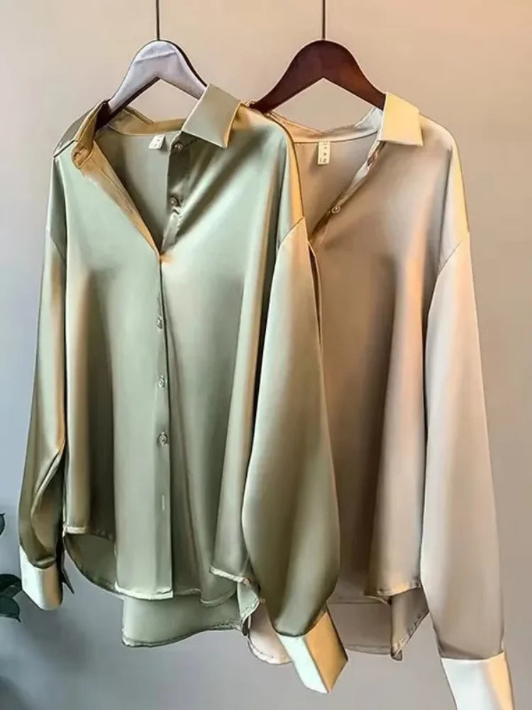 2025 Elegant Satin Loose Women Shirt Spring Autumn Turn-down Collar Ladies Blouse Autumn Vintage Casual Button Silk Tops