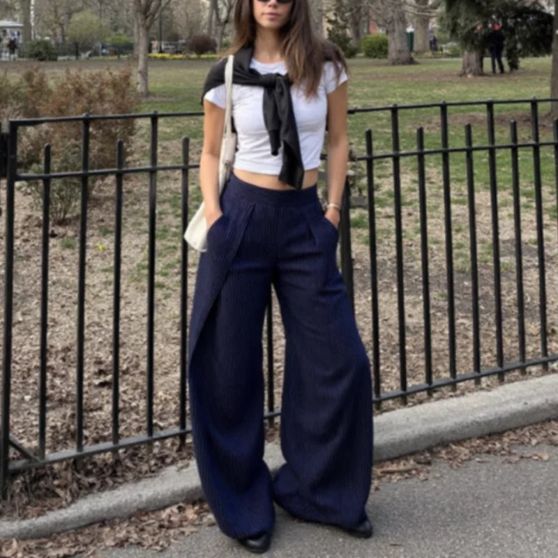 Casual Striped Loose Pants Women High Waist Pleated Straight Long Wide Leg Trousers Female 2025 Fashion Autumn Lady Bottoms