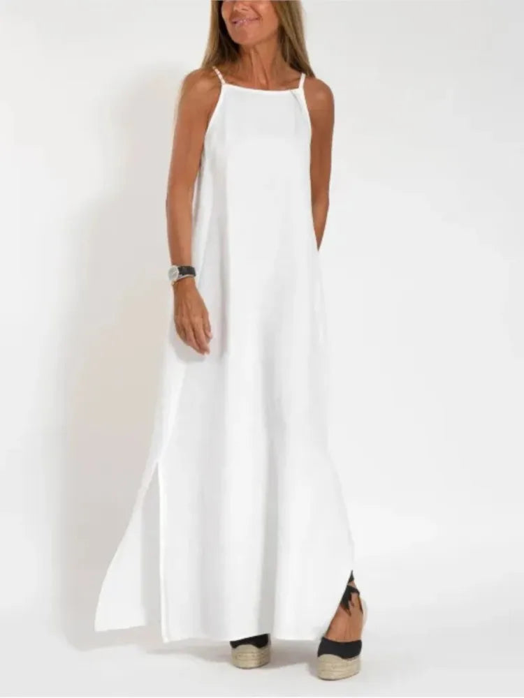 2024 Casual Cotton Loose Slit Dress Women Sexy Spaghetti Strap Solid Color Long Dresses White Elegant Party Dress Robe Femme