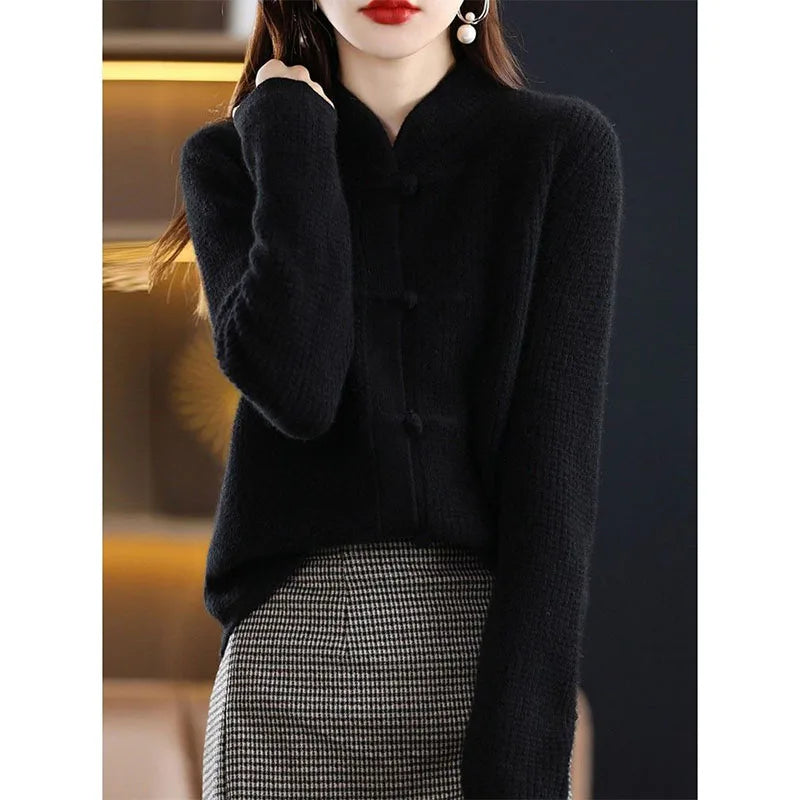 Chinese Style Autumn Winner Sweaters Coats Women Solid Stand-up Collar Frog Vintage Fashion Long Sleeve Cardigan Knitted Tops