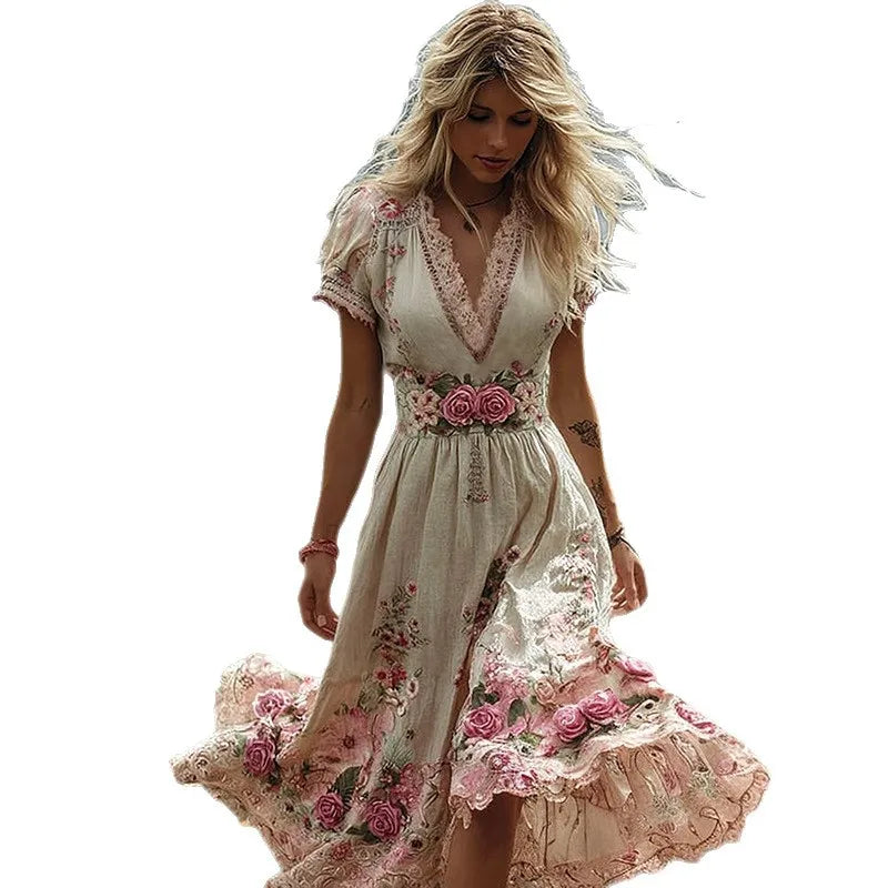 Creative Totem Print V-neck Short Sleeve Midi Dress Polyester Fabric 3D Effect Street Style Women's Summer New Fashion Dress