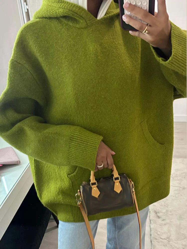 Fashion Lady Knitted Hoodies Sweater Long Sleeve Pocket Drop Shoulder Loose Solid Sweaters Autumn Winter Commuter All-match Tops