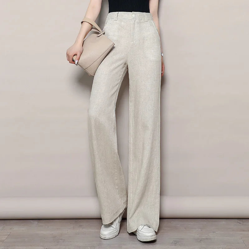 Women's High Waist Wide Leg Drape Pants Cotton Linen Loose Casual Straight Summer Slacks