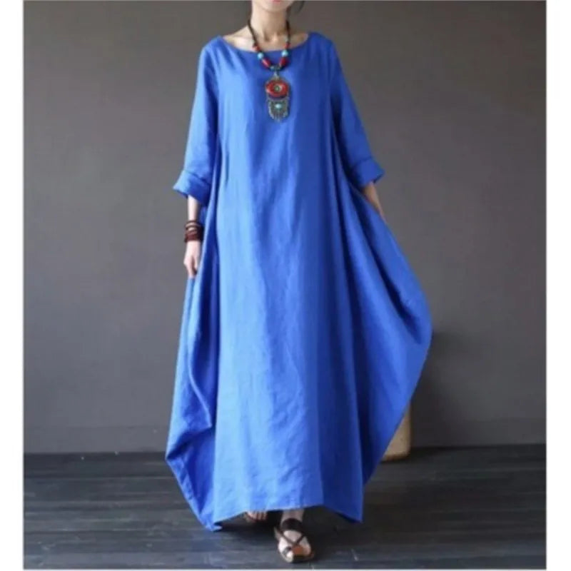 Women's Loose O Neck Large Swing Cotton And Linen Long Dress Spring Summer White Maxi Dresess Women Vintage Women's Dress