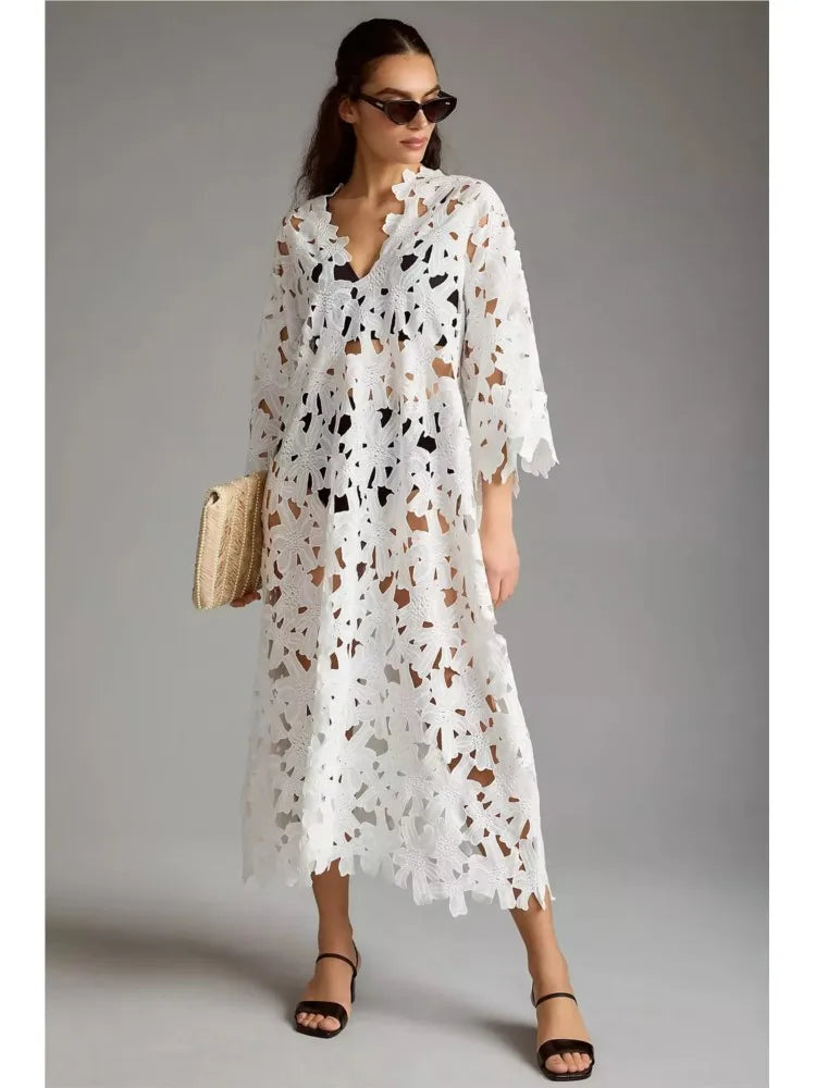 Sexy Lace Hollow Out V-neck Dress For Women Elegant Solid Long Dresses Ladies Summer Casual Beach Vacation Loose Vestidos