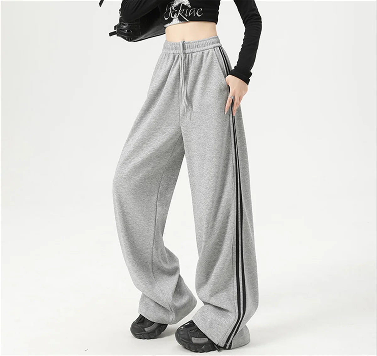 Women Stripe Chic Straight Pant Autumn Spring Retro Sports Sweatpants High Waist Color Blocked Trouseres Lady Casual Streetwear
