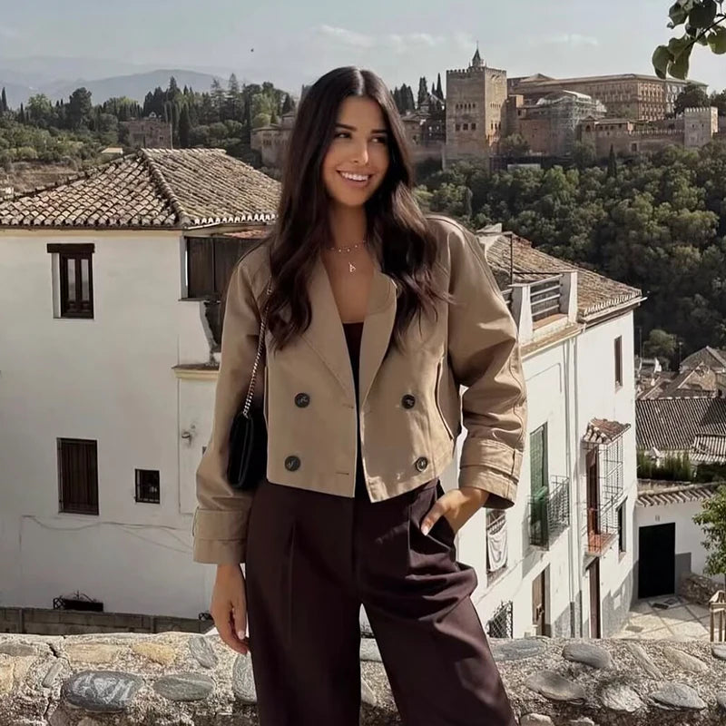 Women's Fashion Double Breasted Short Trench Coat Turn-down Collar Long Sleeve Coats Vintage Female Outerwear Chic Tops