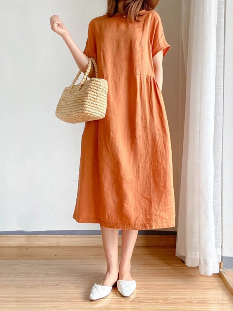 Summer Casual Loose Solid Color Cotton And Linen Dress For Women Short Sleeve O Neck Comfortable Elegant Long Dresses Robe