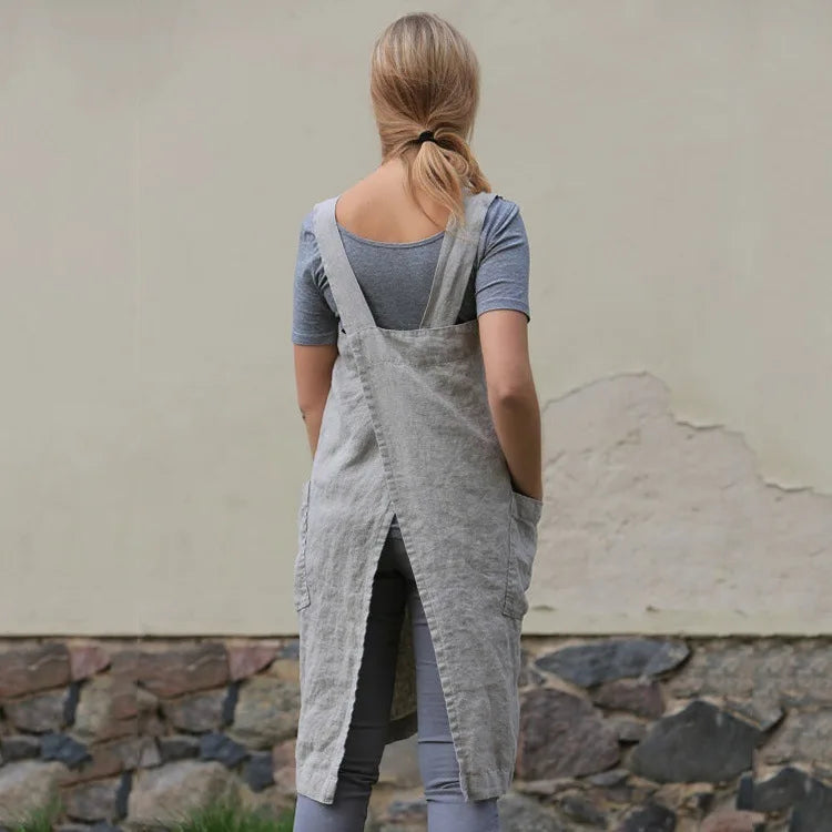 Kitchen Aprons Household Women Cotton Linen Dress Casual Solid Bandage Cooking Aprons Loose Clothing