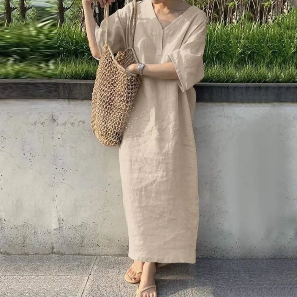 Cotton And Linen Dress For Women 2024 Summer Short Sleeve V-neck Solid Color Casual Loose Long Dress Elegant Women's Clothing