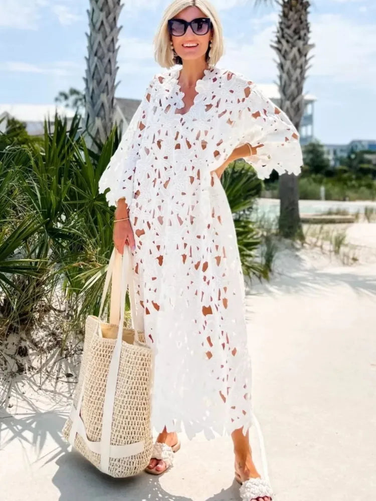 Sexy Lace Hollow Out V-neck Dress For Women Elegant Solid Long Dresses Ladies Summer Casual Beach Vacation Loose Vestidos