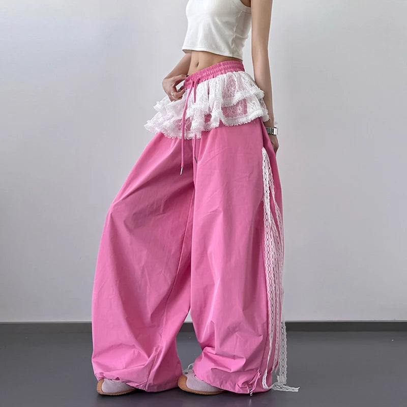Women's Patchwork Lace Skirt Casual Wide Leg Pants Spring Summer Niche Design Contrasting Style for Fashionable Ladies
