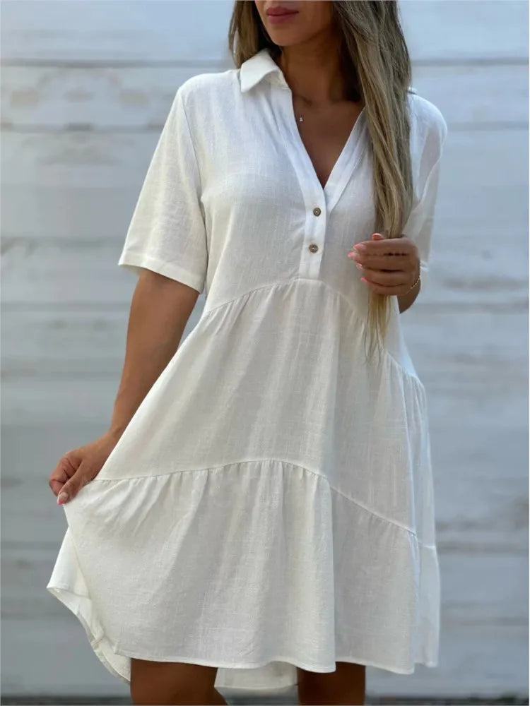 Loose Solid Casual Cotton And Linen Dress Women Summer Short Sleeve Ruffle Stitching Button Shirt Dress Women's Holiday Clothing