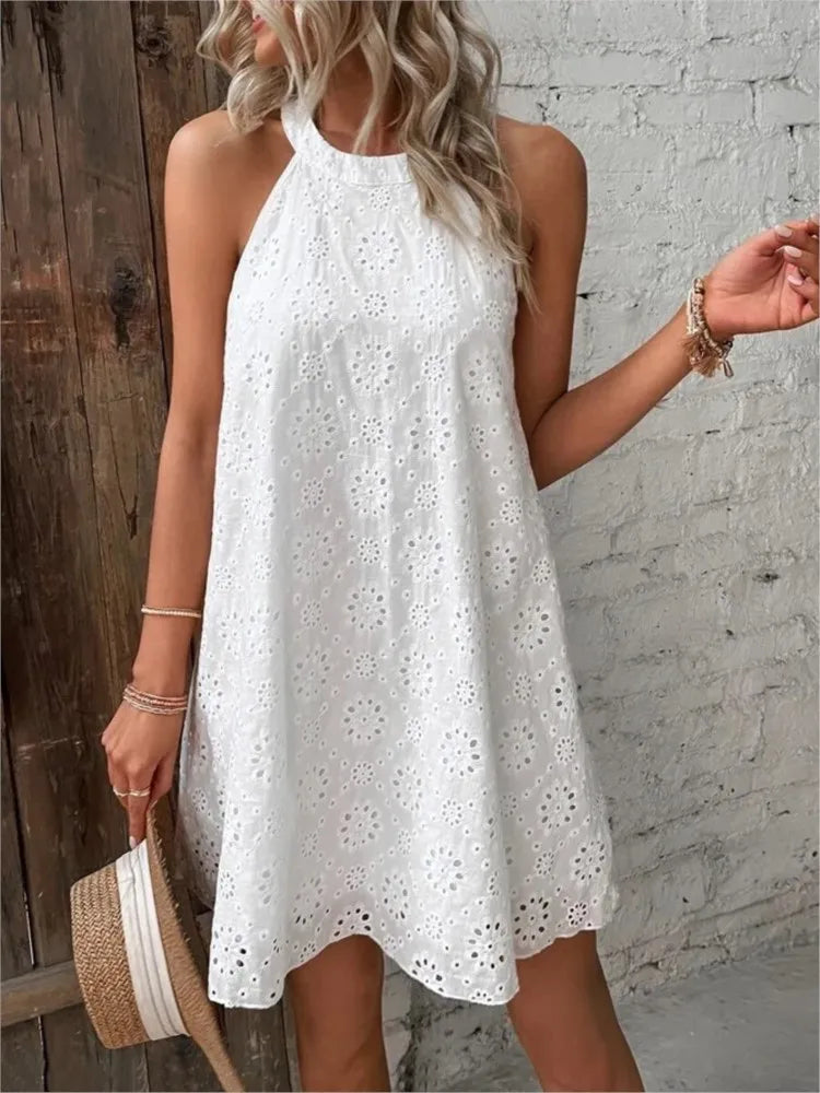 Sexy Off Shoulder Lace Beach Mini Dresses For Women Summer O Neck Solid Color Cotton Sleeveless Loose A-line Dress Female