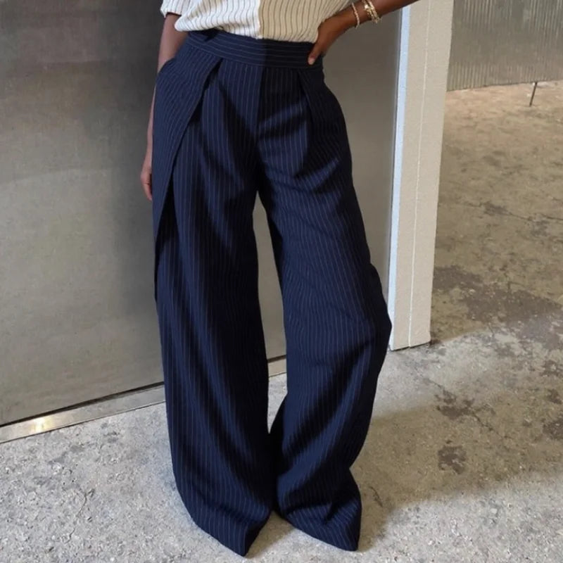 Casual Striped Loose Pants Women High Waist Pleated Straight Long Wide Leg Trousers Female 2025 Fashion Autumn Lady Bottoms