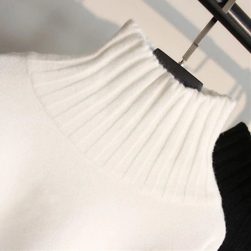 Lucyever Black White Autumn Winter Sweaters Women Soft Thick Loose Fit Knitted Pullovers Female Long Sleeve Turtleneck Sweater