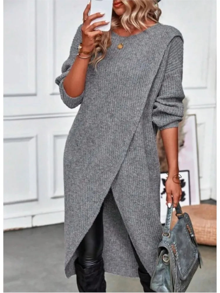 Womens Long Knitted Sweater Dress 2025 Autumn Winter Warm Fur Jumpers Casual Solid Loose Knit Midi Dress Lady Work Pullovers