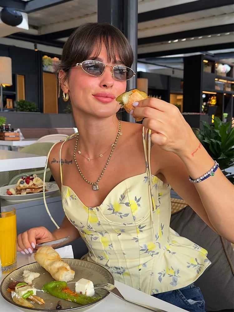 Chic Elegant Corset Top Backless Short Cami Tops New 2026 Summer Fashion Floral Printed Sexy Party Night Tops