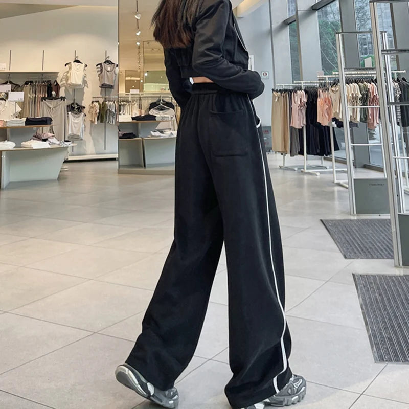 2025 Fashion Stripe Wide Leg Sweatpants For Women Autumn Winter Elastic Waist Straight Trousers Loose Slim All Match Casual Pant