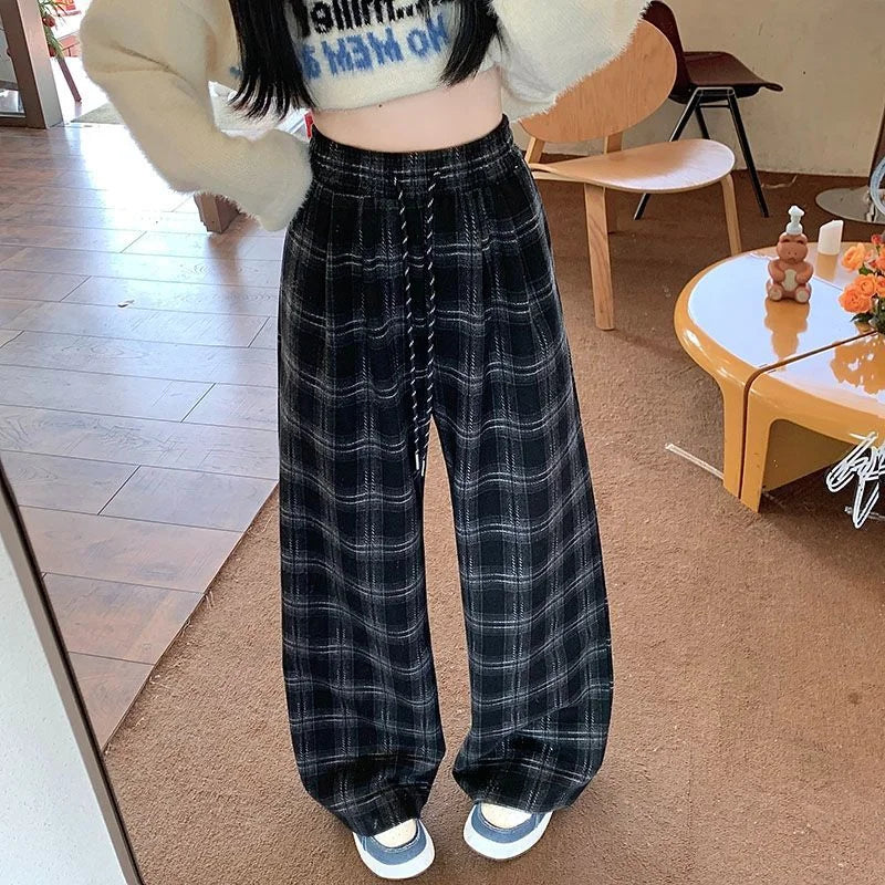 New Retro Plaid Pants  Women in Spring and Autumn Casual High-waisted Versatile Straight Loose Floor Plaid Wide-leg Pants